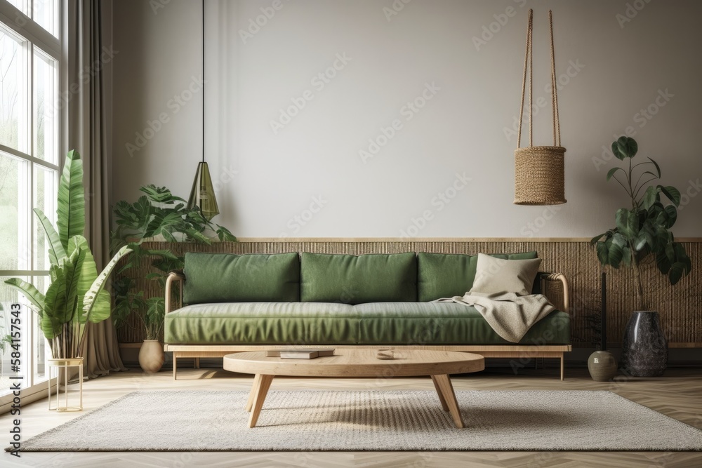 Green couch in contemporary apartment with vacant wall and wooden table,. Generative AI