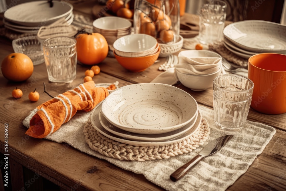 Wooden rustic dining table with white and orange tableware. Jute. Scandinavian bohemian decor. Plan,