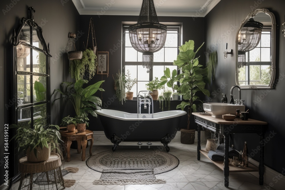 Side view of white comfy bathroom with black tub, wooden classic commode, mirror, décor, plants, and