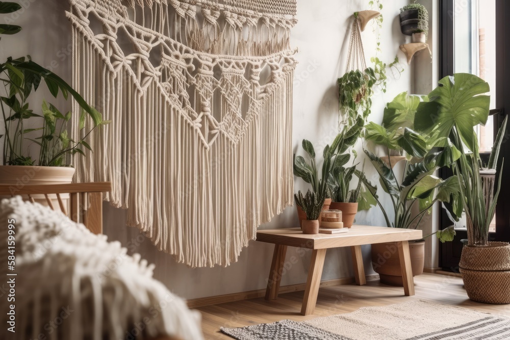 Bohemian style macrame wall art on a wooden stair in the living room. Decoration. DIY. Concentration