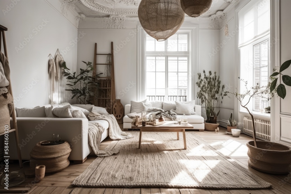 Scandinavian boho living room. Wooden floor. Generative AI