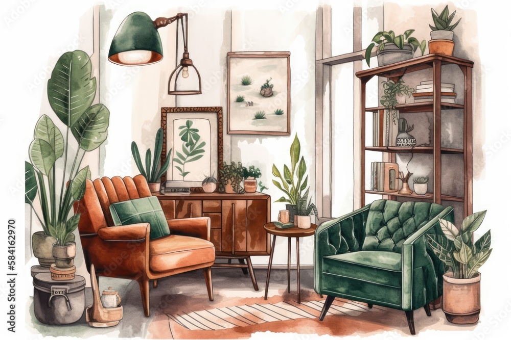 Bohemian home decor scene with mid century modern furniture. Houseplant, rug, greenery chair in cozy