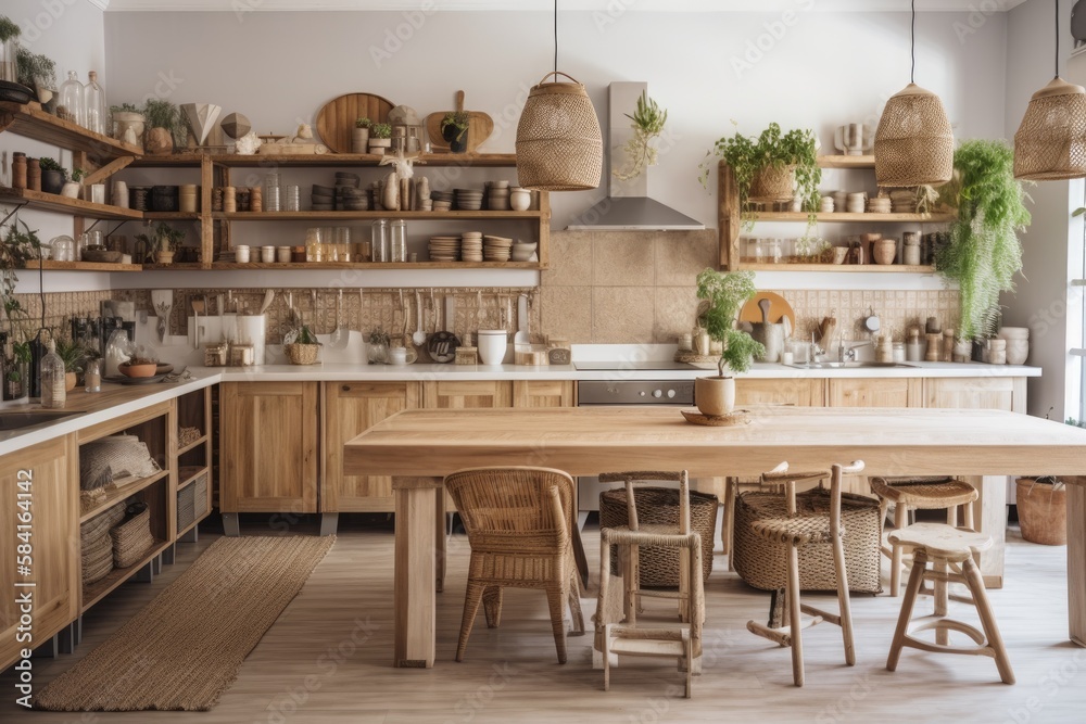 Blurred backdrop, wooden kitchen island and chairs. Shelves, cabinets, and parquet. Farmhouse boho d