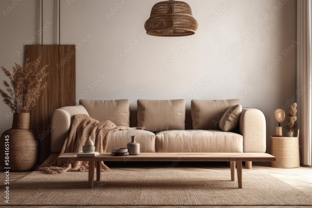 Wabi sabi living room mockup with low couch, jute mat, and dried grass decoration on empty warm neut