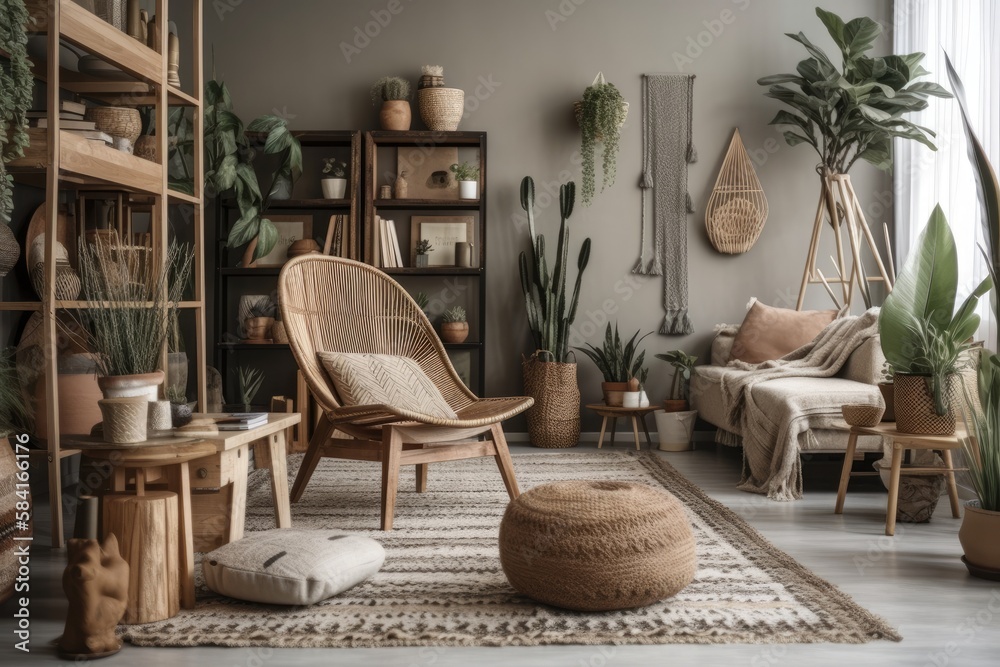 Elegant bohemian living room with wooden recliner, many plants, cactus, books, baskets, mock up pict