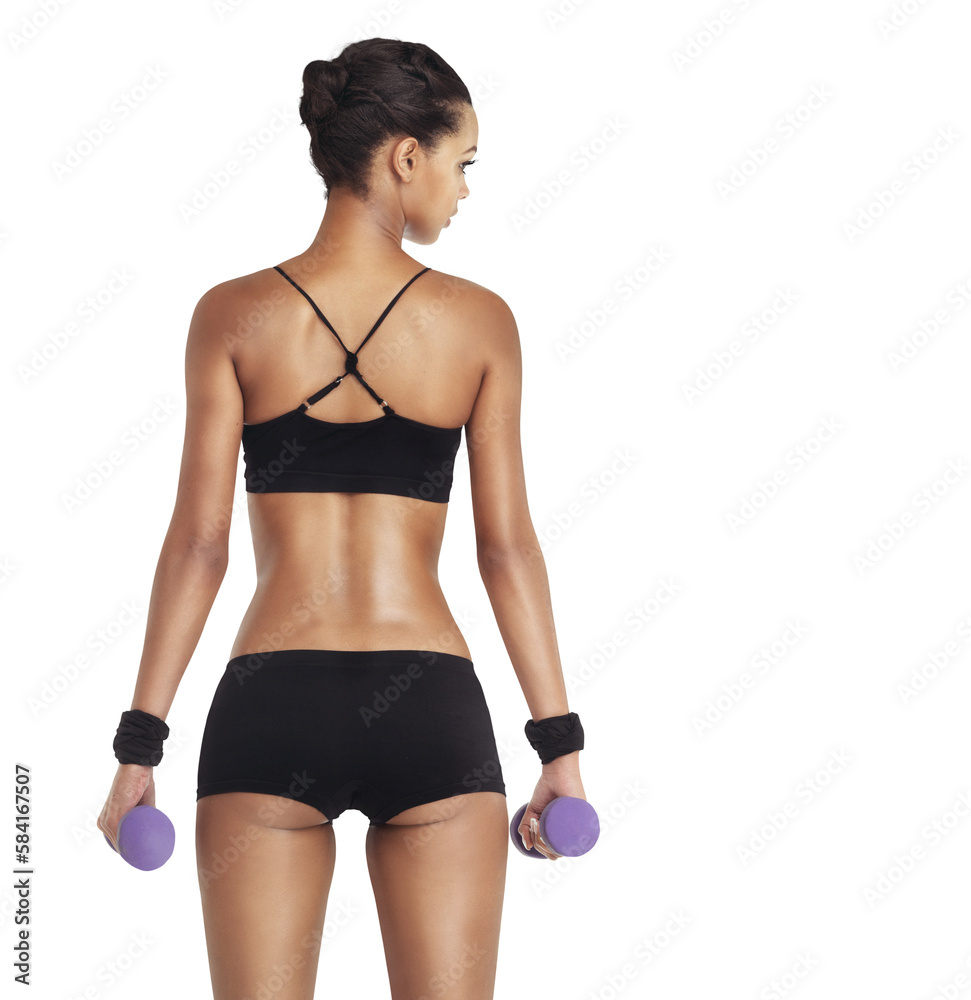 Body, woman and dumbbell exercise for back fitness, weight loss diet or strong bodybuilding. Wellnes