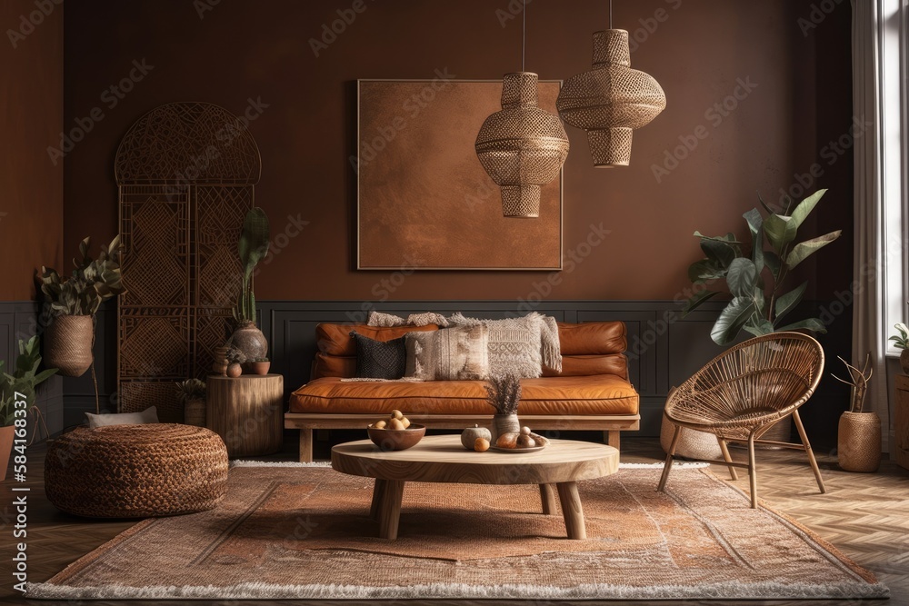 Brown living room in boho style,. Generative AI