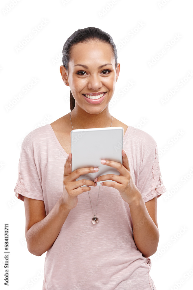 Woman, tablet and smile for social media, research or streaming on an isolated and transparent png b