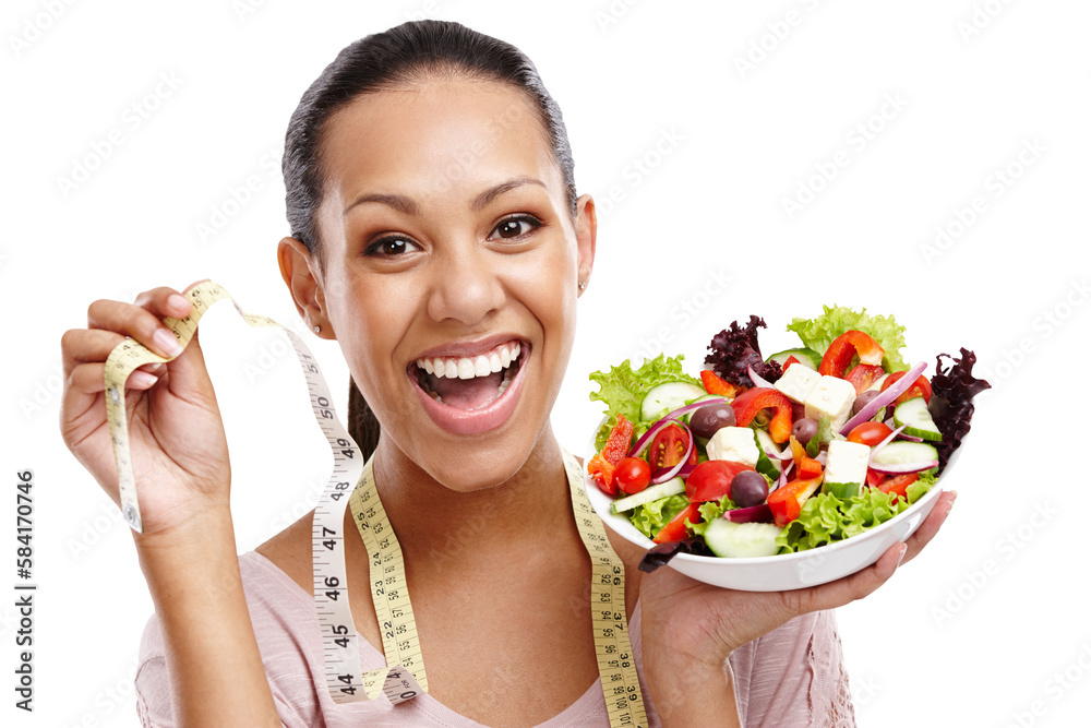 Lose weight, measuring tape and portrait of girl with salad for health, wellness and diet nutrition 