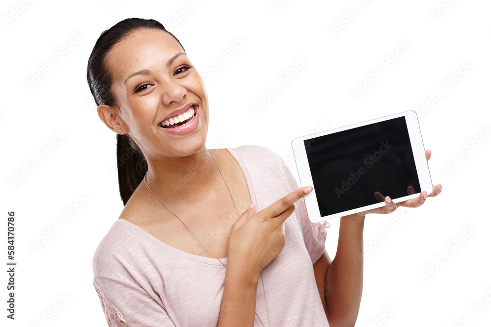 Screen, portrait and woman with tablet mockup on an isolated, transparent png background. Marketing,