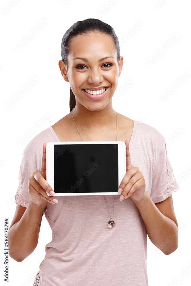 Screen, portrait and woman with tablet mockup on an isolated, transparent png background. Marketing,