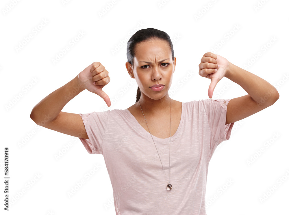 Woman, upset and thumbs down with unhappy expression for disagreement, wrong or fail on an isolated 