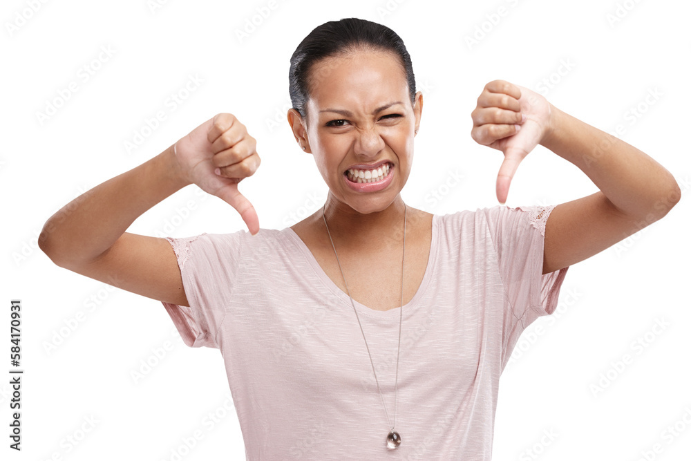 Woman, upset and thumbs down with unhappy expression for disagreement, wrong or fail on an isolated 