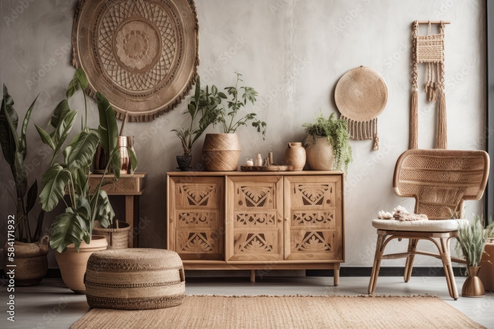 Boho living room with wooden vintage commode, vase with flowers, macrame, abstract backdrop walls, r