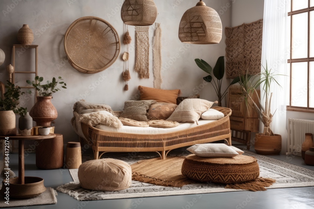 Boho living room with chaise longue, cushions, baskets, paintings, rattan lamp, clothes hanging, and