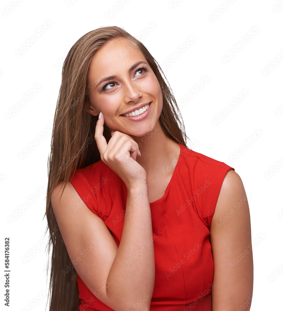 Thinking, fashion and beauty with a model woman on an isolated and transparent png background for ch