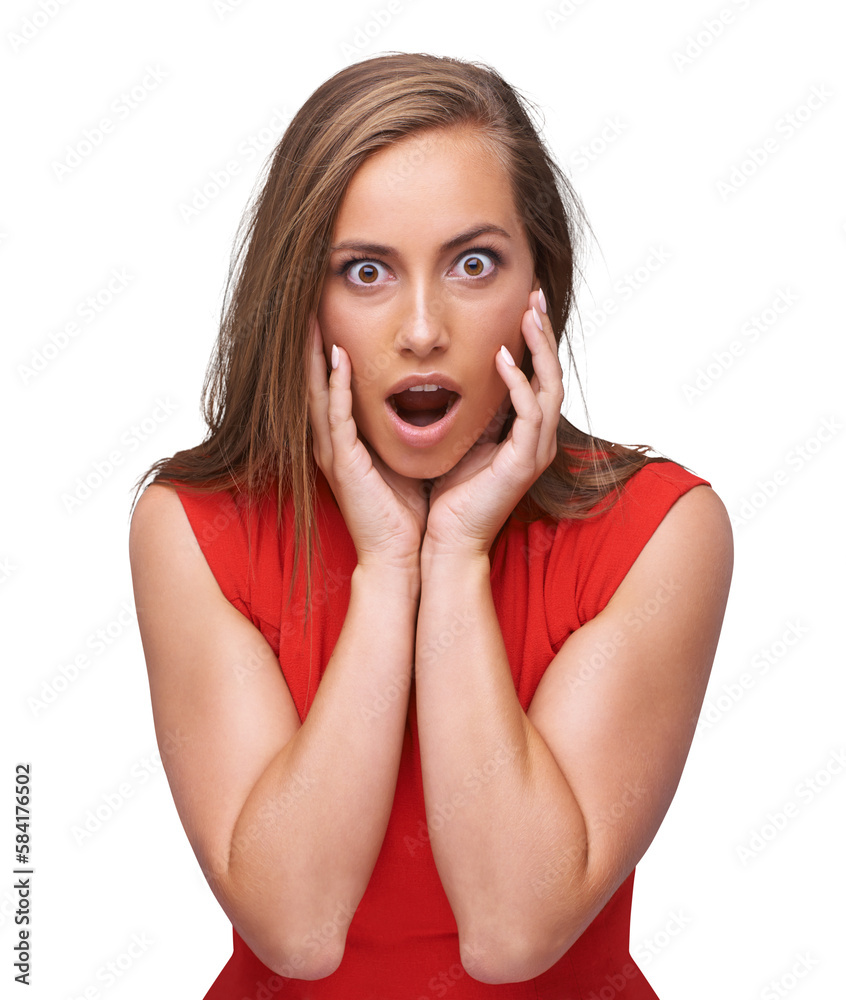 Woman, portrait and shocked or surprise with wow or open mouth reaction on an isolated and transpare