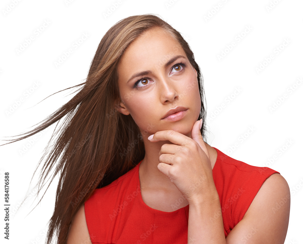 Thinking, ideas and thoughtful woman for planning, wondering and daydreaming on an isolated and tran