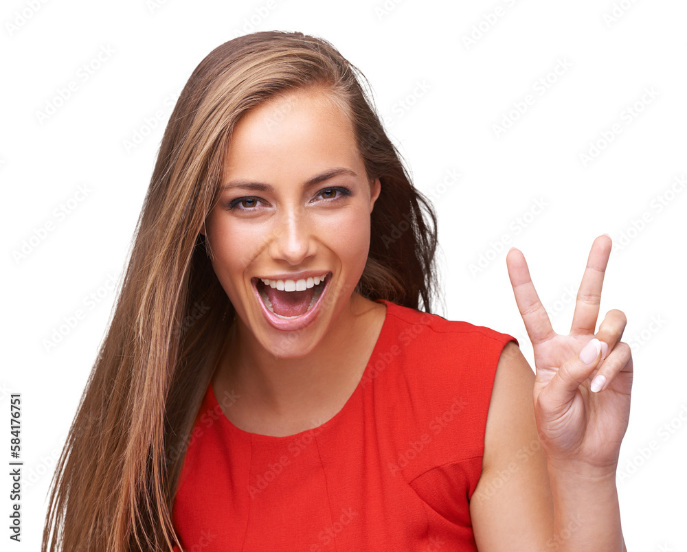 Woman, portrait and peace hand with happiness, smile and beauty on an isolated and transparent png b