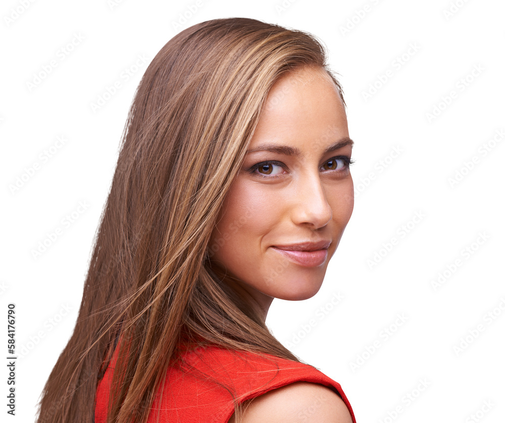 Beauty, woman and portrait of a happy face with a positive mindset on an isolated, transparent png b