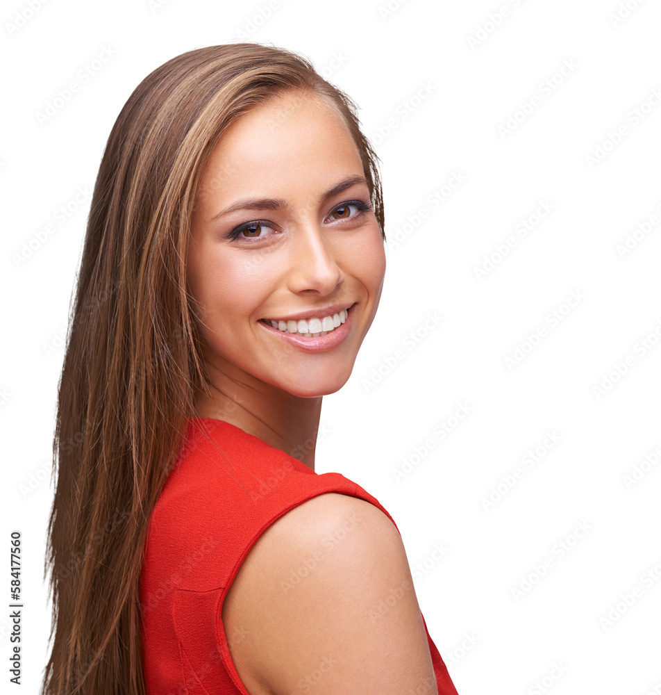 Portrait, beauty and a woman to promote skincare with red fashion on an isolated and transparent png