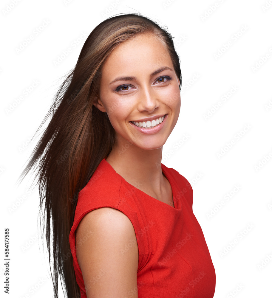 Portrait, beauty and a woman to promote skincare with red fashion on an isolated and transparent png