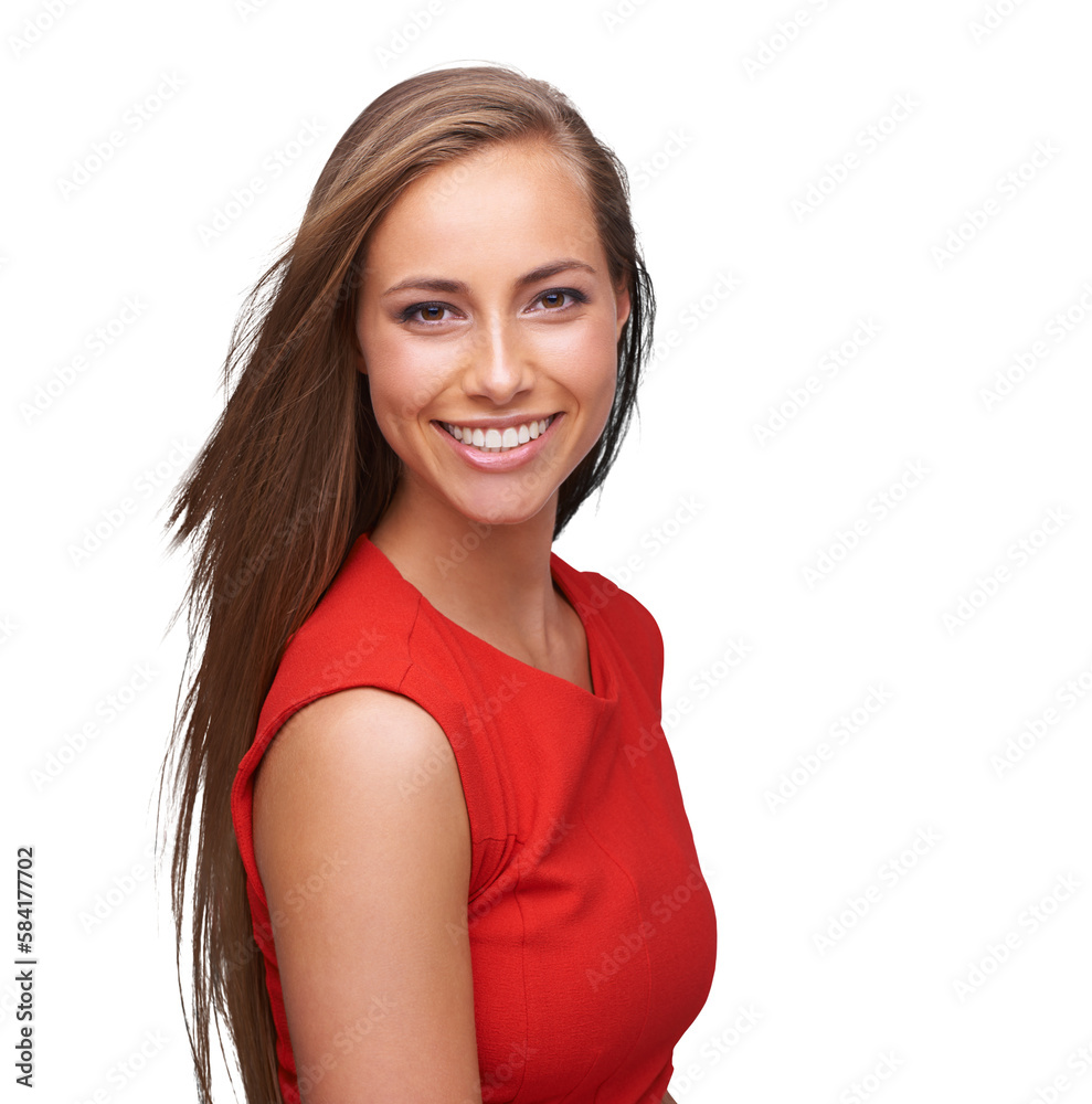 Face portrait, beauty and a woman with a happy smile on an isolated and transparent png background w