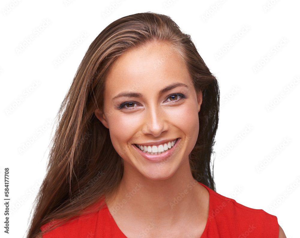 Face portrait, dental smile and a woman with teeth on an isolated and transparent png background wit