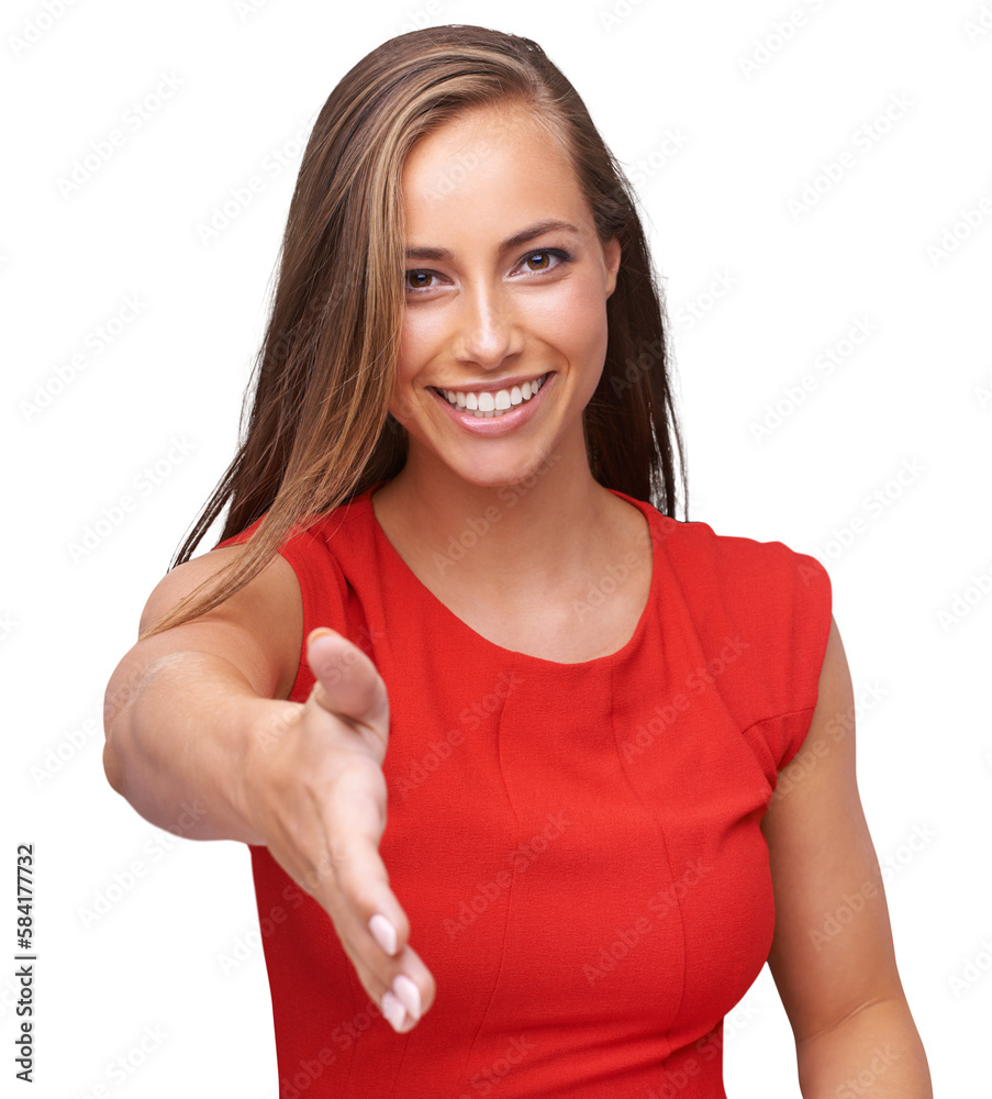 Handshake, portrait and happy woman with a smile for greeting, agreement or welcoming on an isolated