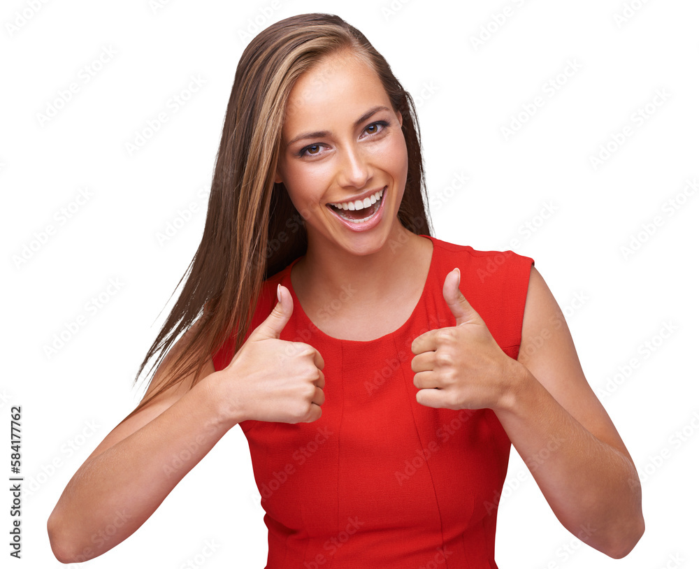 Thumbs up, agreement and portrait of a woman with a like sign on an isolated and transparent png bac