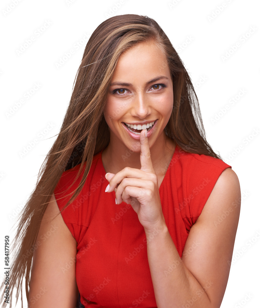 Flirty, smile and portrait of woman with a finger for a secret, gossip or silence on an isolated, tr