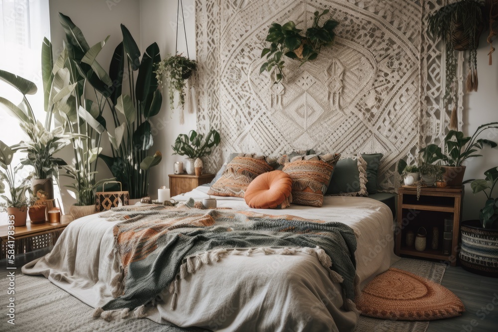 Contemporary romantic scandi boho bedroom with colorful cushions, green plant, and homemade macrame 