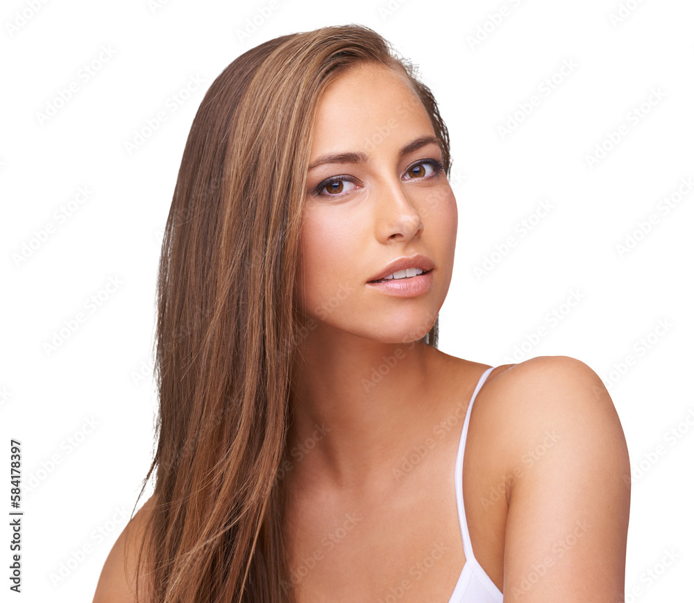 Woman, face and beauty with hair and skin with makeup and cosmetics on an isolated and transparent p