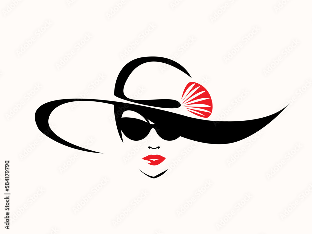 Beautiful woman with elegant makeup, wearing a stylish hat and sunglasses. Fashion, beauty salon and