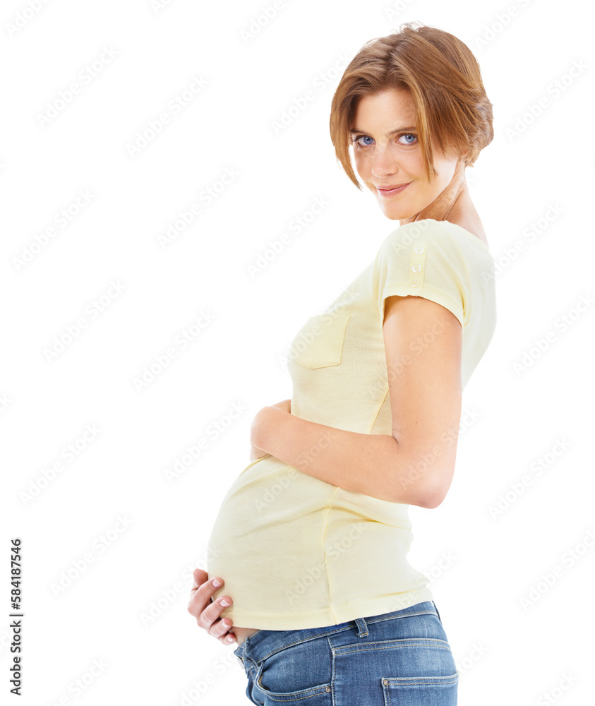 Pregnant woman, portrait and stomach holding with love and smile for pregnancy. Happy mother, wellne