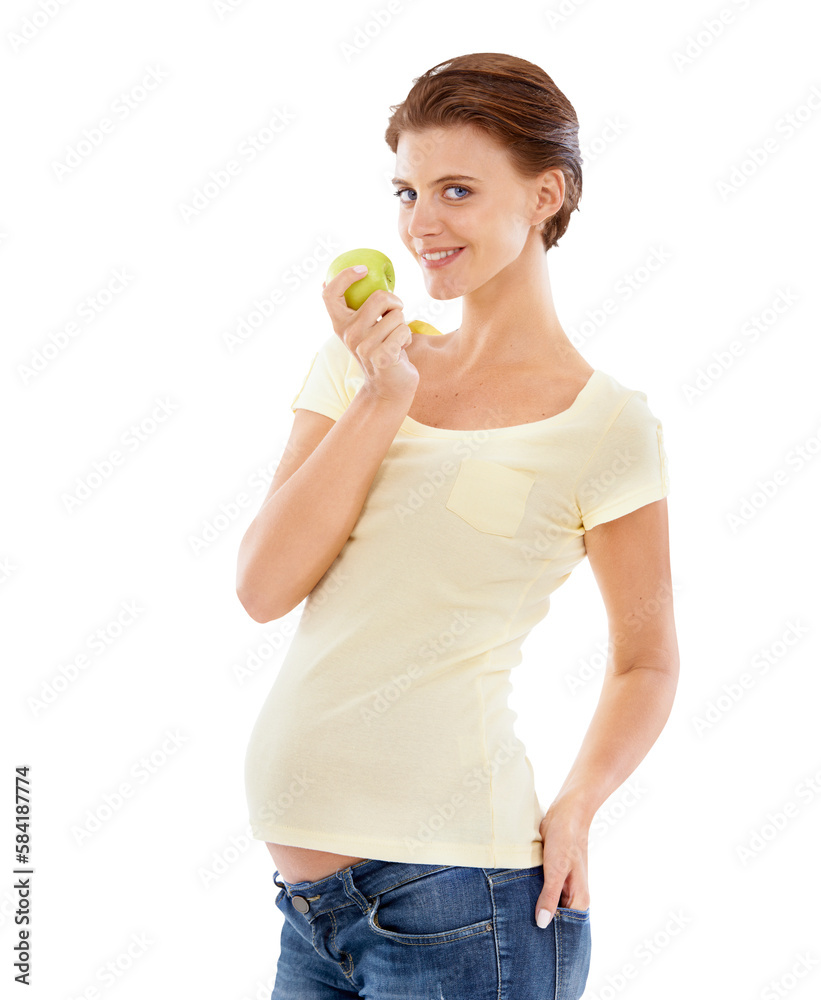 Wellness, pregnant and portrait of woman with apple for health, diet and nutrition. Happy smile of m