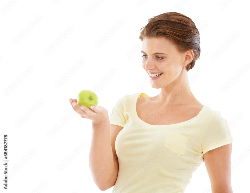 Diet, health and woman with an apple for nutrition, wellness and healthy weightloss. Natural, beauty