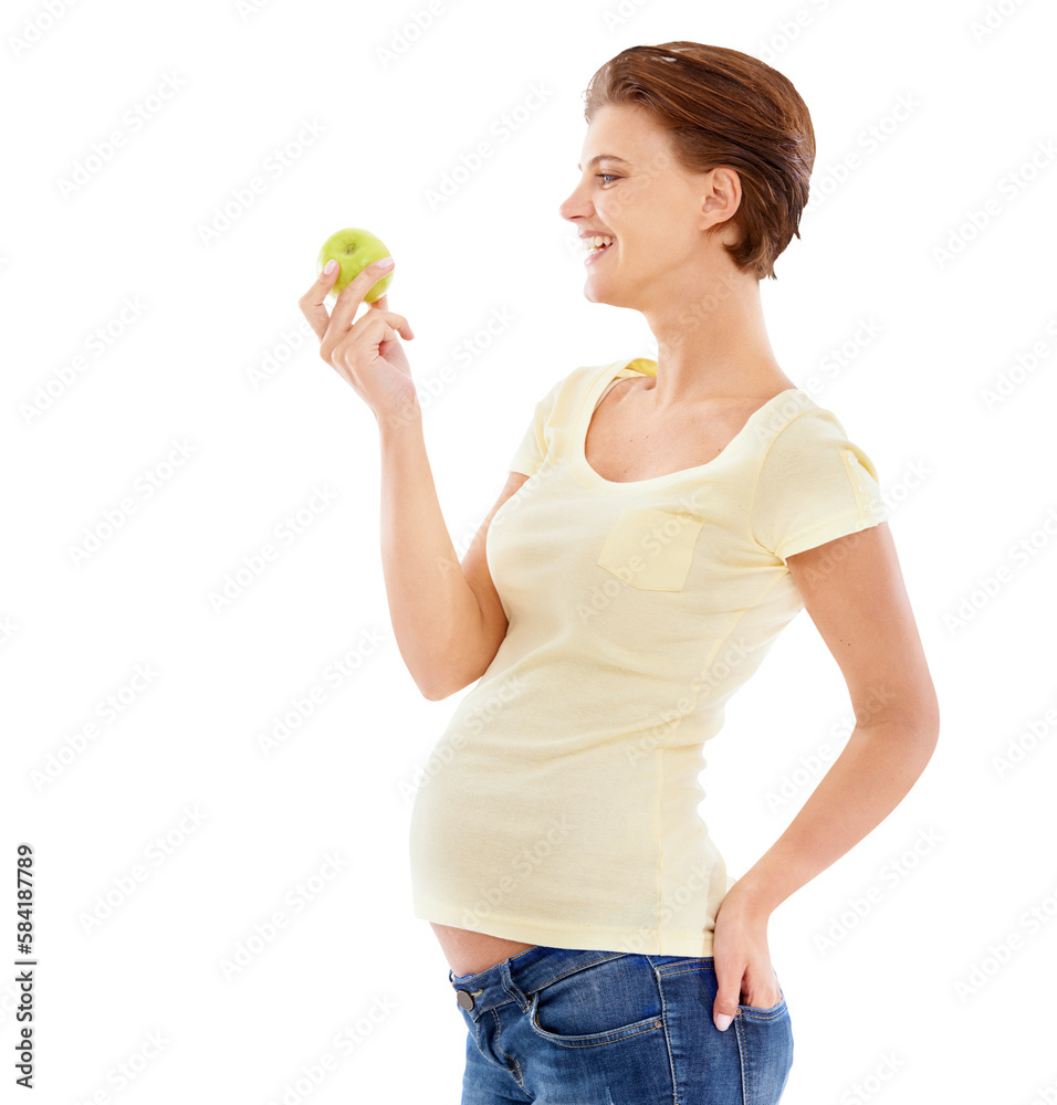 Happy, pregnant and health of woman with apple for wellness, diet and nutrition. Cheerful smile of m