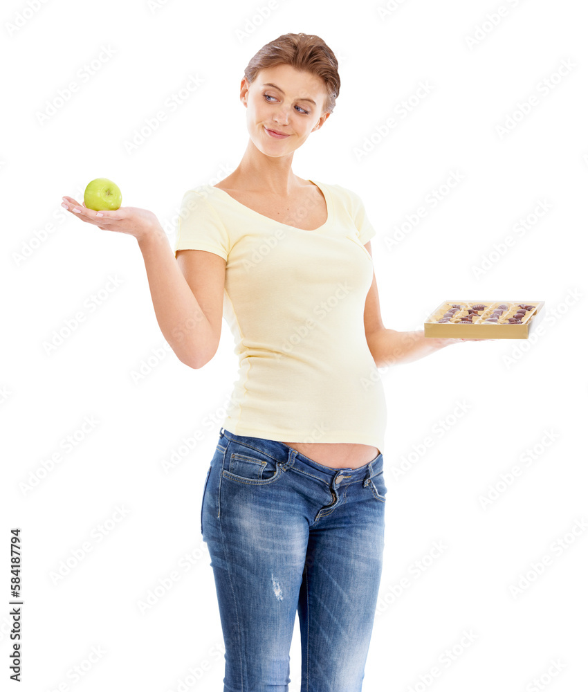 Woman, pregnant and choice, apple or chocolate for nutrition, health or wellness. Model pregnancy, h