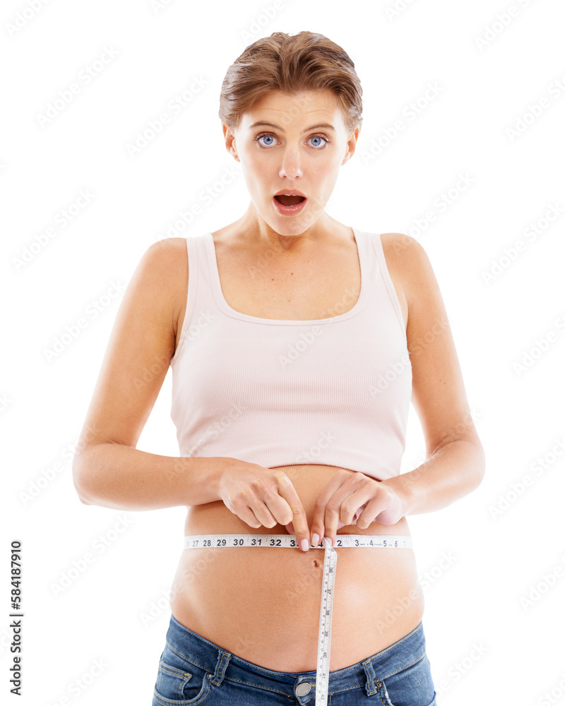 Portrait of shocked pregnant woman with measuring tape on stomach on an isolated, transparent png ba