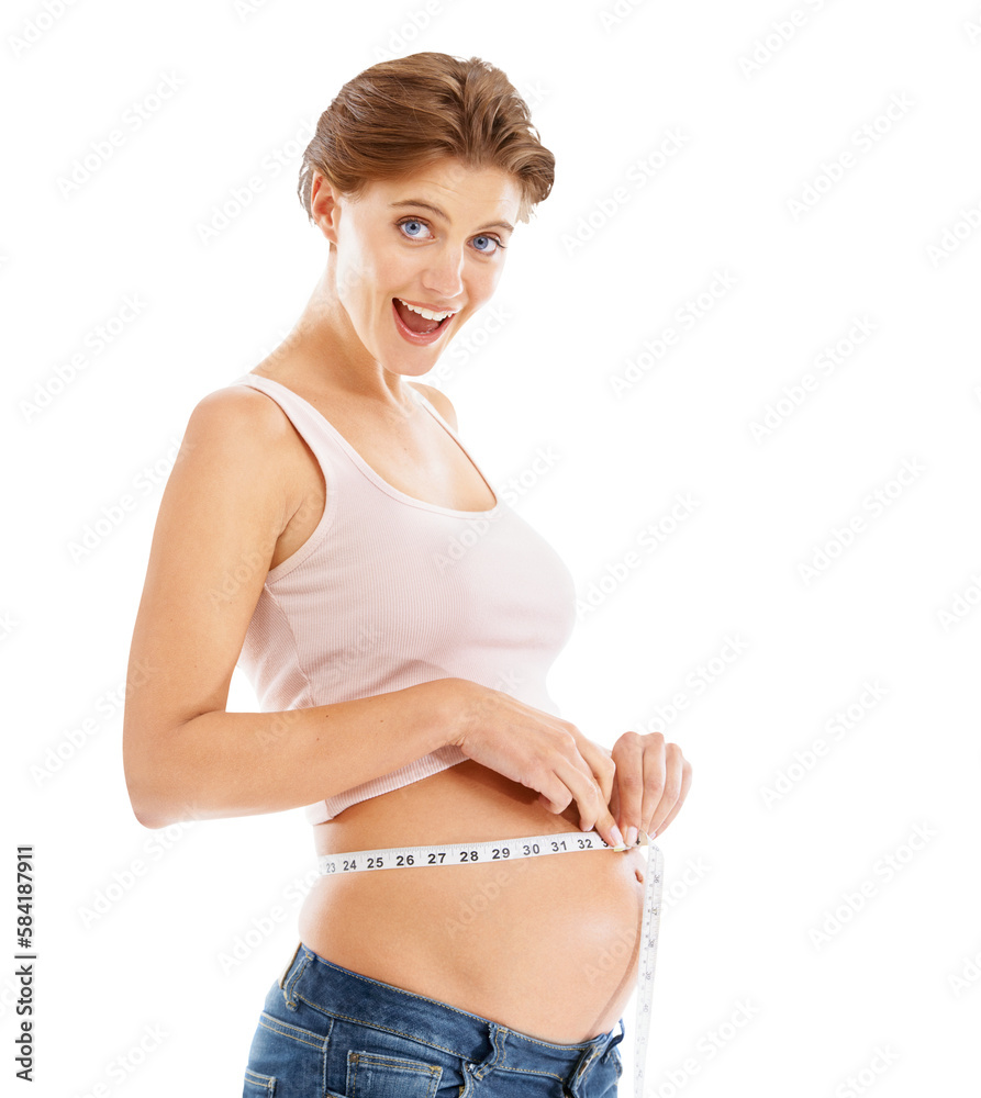 Portrait of happy pregnant woman with measuring tape on stomach on an isolated, transparent png back