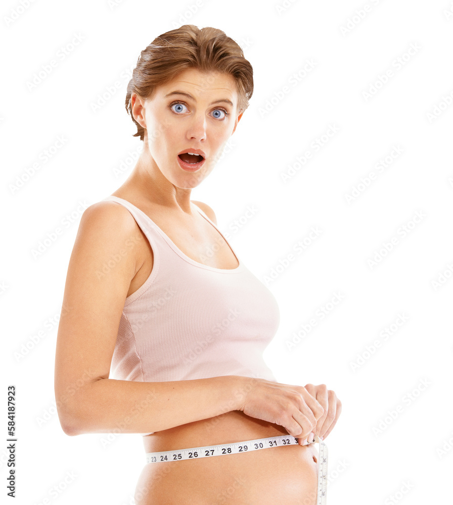 Portrait, surprise and shocked pregnant woman with measure tape on stomach on an isolated, transpare