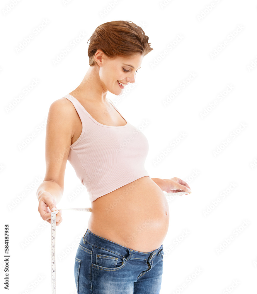 Woman, pregnancy stomach and measure tape for baby wellness, healthcare support and lifestyle motiva