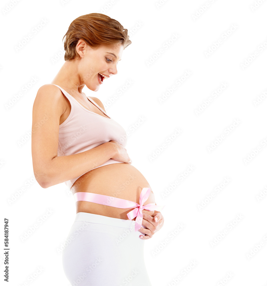 Pregnant, woman and ribbon on stomach, happy smile and excited for motherhood. Pregnancy, bow and gi