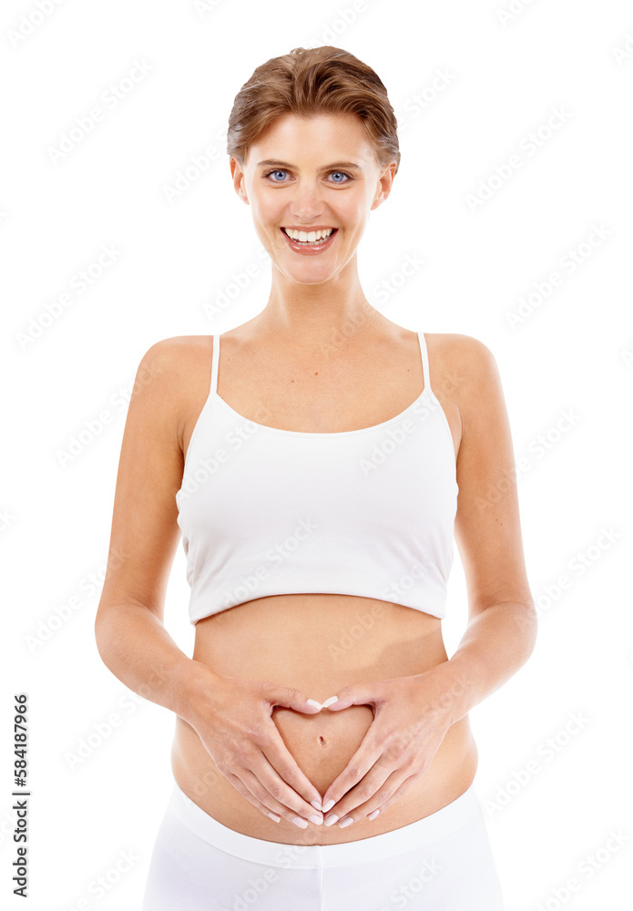 Pregnancy, portrait and mom with a heart on her stomach for prenatal care, love and happiness. Welln