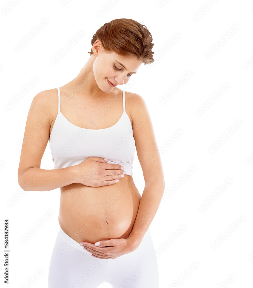 Pregnancy, love and woman holding her stomach for prenatal care, motherhood and happiness. Maternity