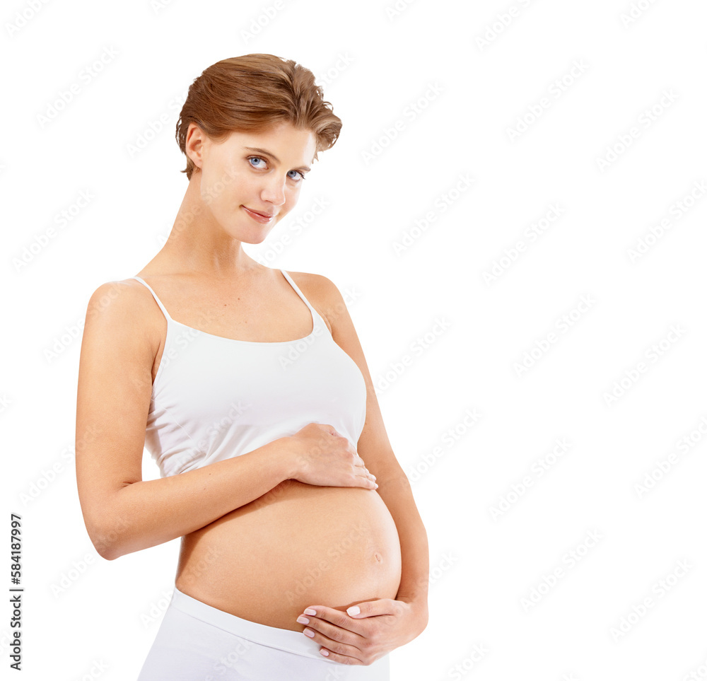 Mom, pregnant woman and portrait of holding stomach with love and smile for baby. Happy mother, preg