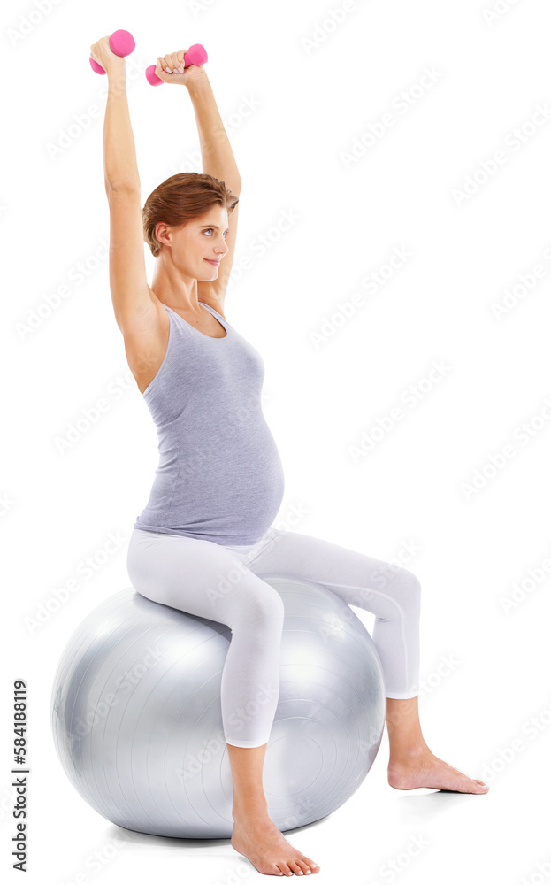 Fitness, pregnancy and girl with dumbbells on ball for maternity wellness. Health, sports and pregna