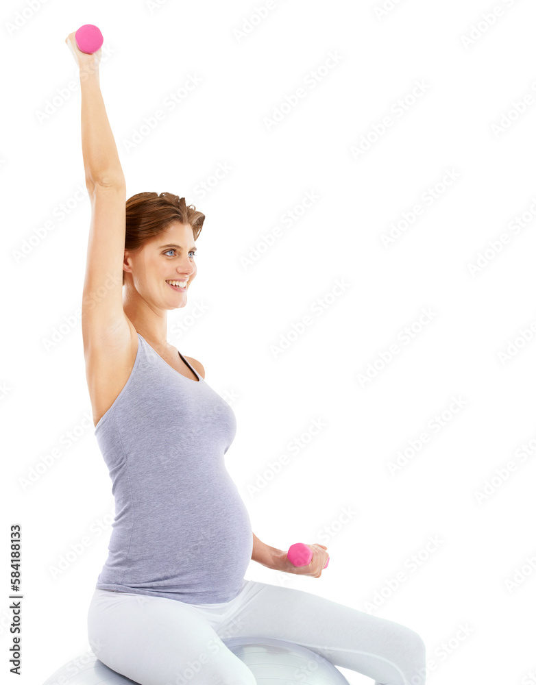 Exercise, weightlifting and pregnant woman on gym ball for maternity wellness. Sports, pregnancy and