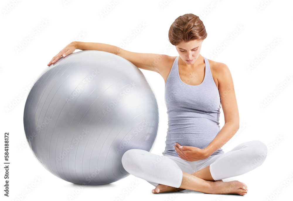 Pregnant mother, stomach and exercise ball on an isolated and transparent png background for fitness